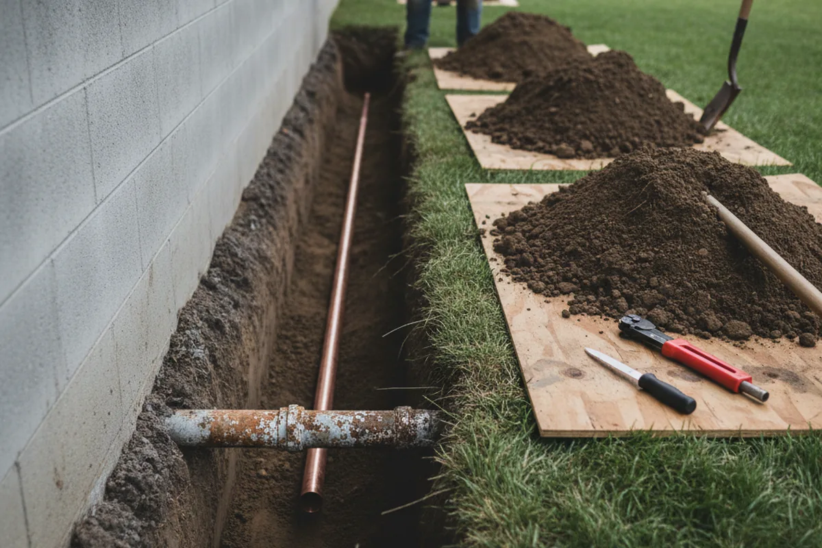 Excavated water line trench during Water Softener Installation in Foresthill